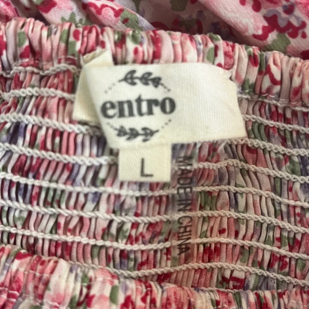 Entro Julia Pink Floral Tiered Maxi Dress Milkmaid Smocked Babydoll Size Large - Picture 2 of 4